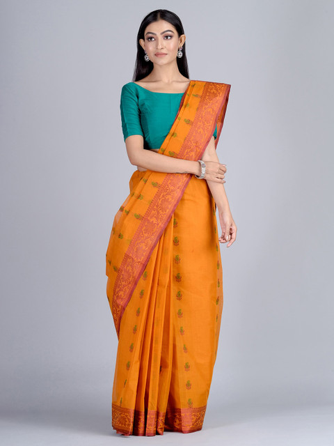 

Mitera Orange & Green Pure Cotton Woven Design Handloom Taant Saree