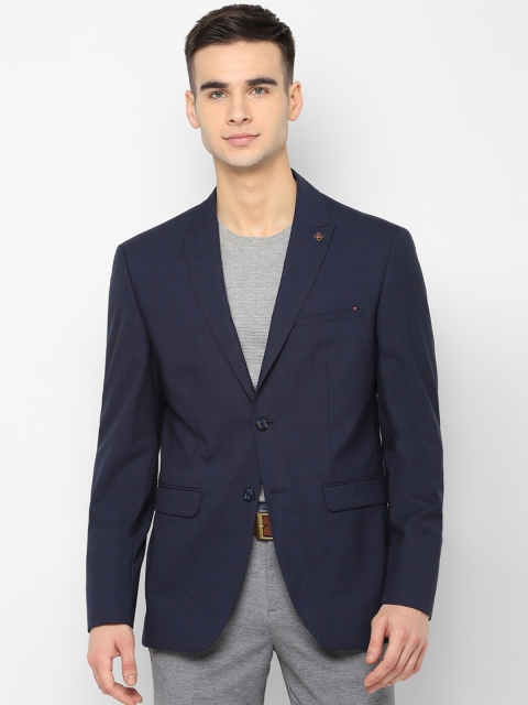 Allen Solly Men Navy & Red Checked Slim-Fit Single-Breasted Casual Blazer, Navy blue