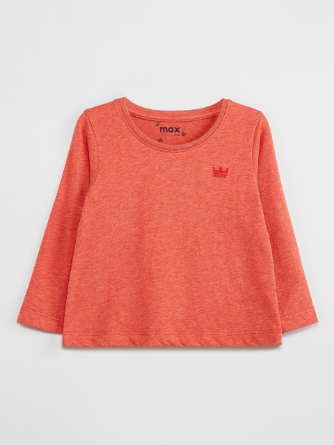 

max Girls Coral Orange Solid Round Neck T-shirt