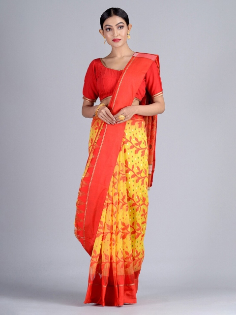 

Mitera Yellow & Orange Silk Cotton Woven Design Jamdani Handloom Saree