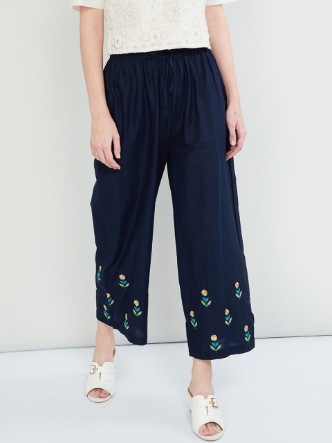 

max Women Blue Embroidered Wide Leg Palazzos