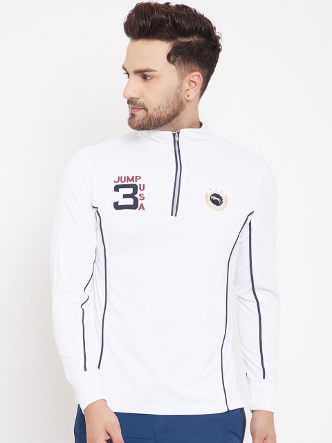 

JUMP USA Men White & Blue Printed Slim Fit Mandarin Collar T-shirt