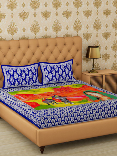 

METRO LIVING Blue Graphic 104 TC Cotton 1 Queen Bedsheet with 2 Pillow Covers