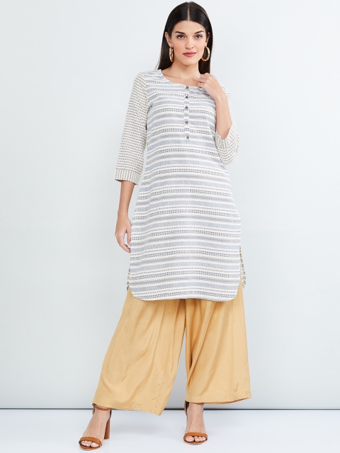 

max Women Off-White & Navy Blue Striped Straight Kurta