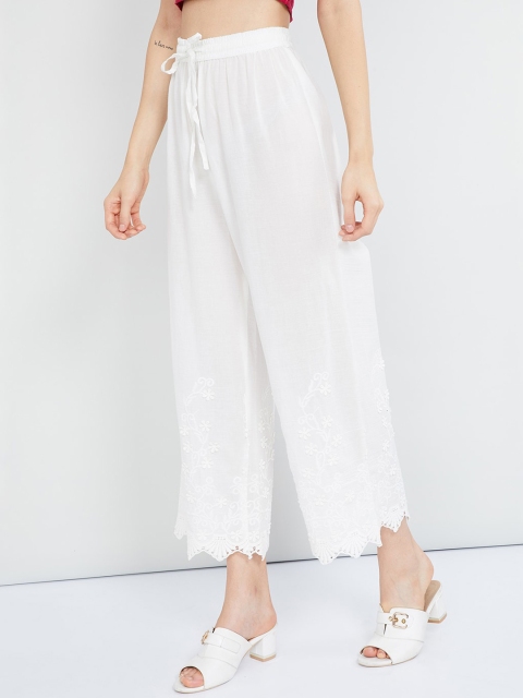 

max Women White Embroidered Wide Leg Palazzos