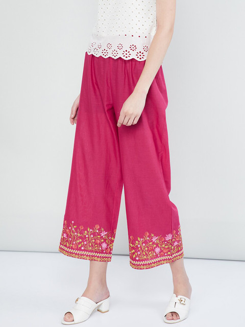 

max Women Pink & Green Floral Embroidered Straight Crop Palazzos