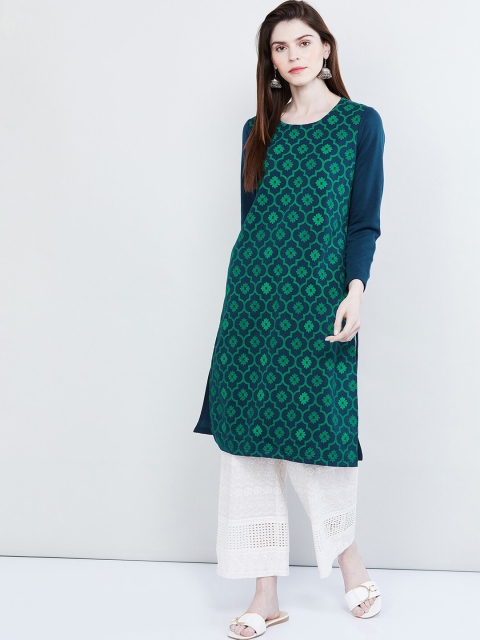 

max Women Navy Blue & Green Printed Straight Kurta