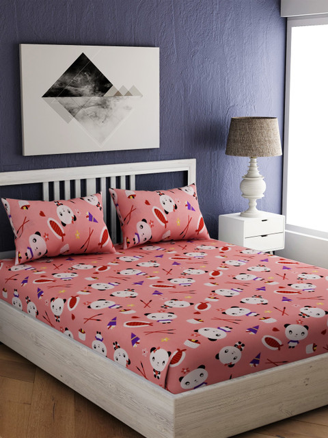 

EverHOME Peach-Coloured & White Conversational 144 TC Cotton 1 Queen Bedsheet with 2 Pillow Covers