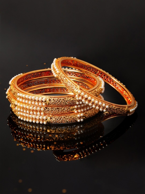 

Rubans Set of 4 Gold-Plated White Filigree Pearl Studded Handcrafted Bangles