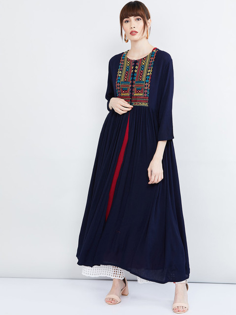 

max Women Navy Blue Embroidered A-Line Layered Kurta
