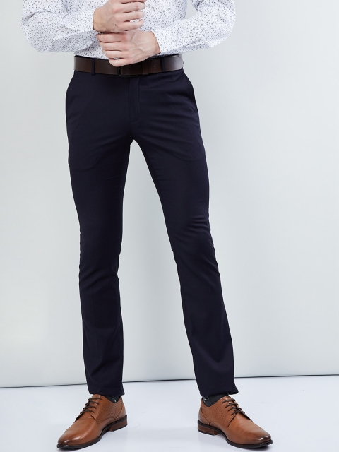 max Men Navy Blue Regular Fit Solid Formal Trousers