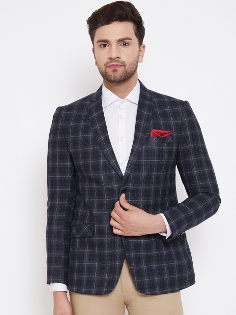 

Spirit Men Navy Blue & White Checked Tailored-Fit Single-Breasted Party Blazer