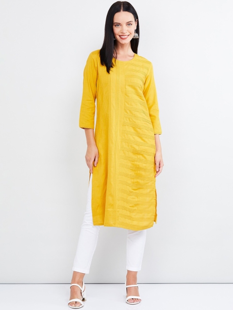 

max Women Mustard Yellow Striped Straight Kurta