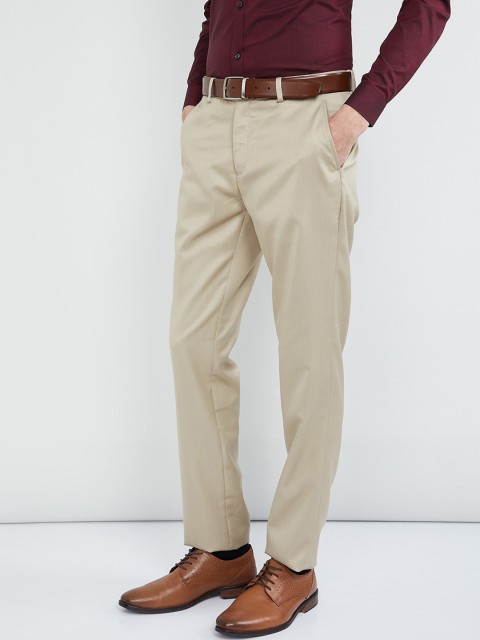 

max Men Khaki Regular Fit Solid Formal Trousers