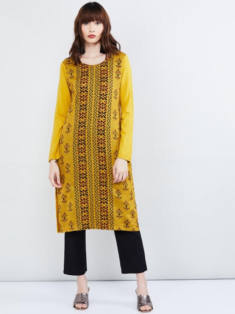 

max Women Mustard Yellow Woven Design Straight Kurta