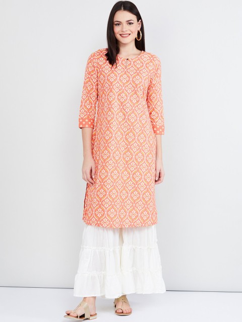 

max Women Peach-Coloured & Off-White Printed Straight Kurta