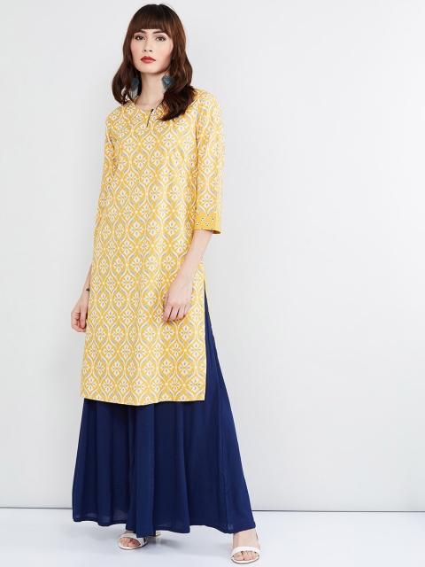 

max Women Yellow & Off-White Printed Straight Kurta