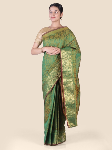 

CLAI WORLD Green & Gold-Toned Cotton Blend Woven Design Banarasi Saree