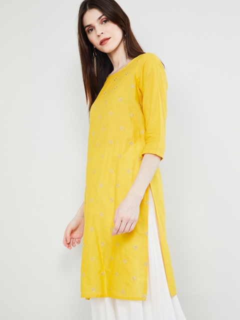 max Women Yellow & Gold-Toned Embroidered A-Line Kurta