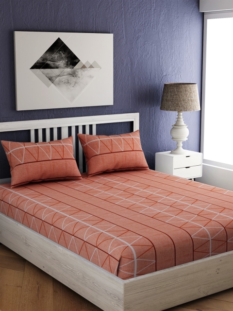 

EverHOME Orange Geometric 144 TC Cotton 1 Queen Bedsheet with 2 Pillow Covers