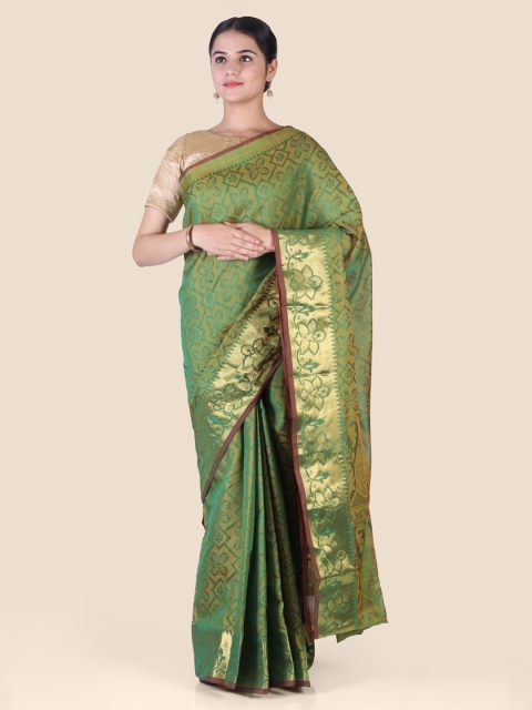 

CLAI WORLD Green & Gold-Toned Cotton Blend Woven Design Banarasi Saree