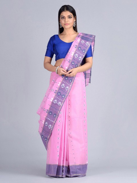 

Mitera Pink & Blue Pure Cotton Woven Design Handloom Taant Saree