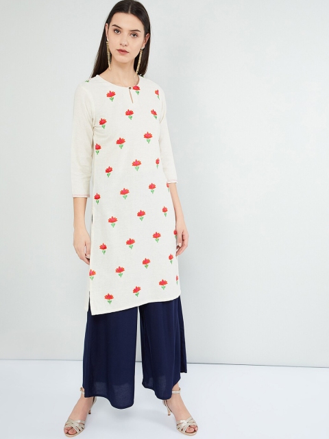 

max Women Off-White & Orange Embroidered Straight Kurta