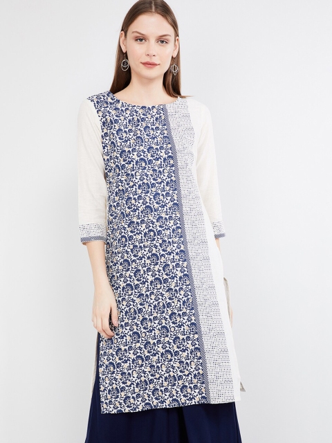 

max Women Off-White & Navy Blue Printed Straight Kurta