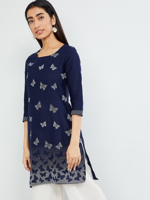 

max Women Blue Printed Straight Kurta