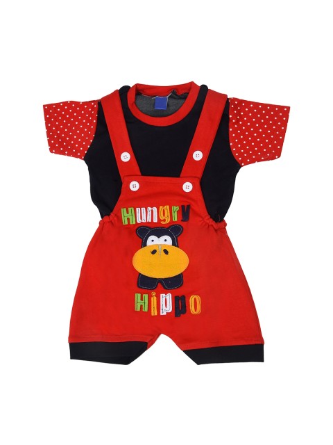 

BORN WEAR Unisex Kids Red & Black Printed T-shirt with Dugaree Shorts