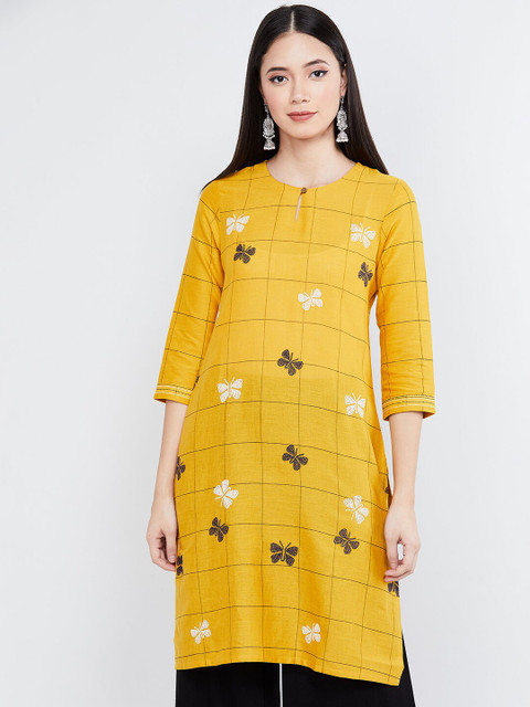 

max Women Mustard Yellow Checked Straight Kurta