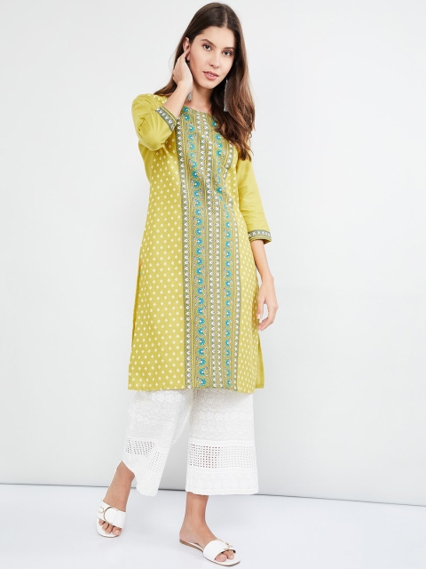 

max Women Lime Green & White Printed Straight Kurta