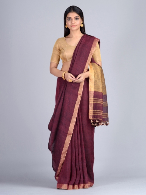 

Mitera Magenta & Gold-Coloured Pure Linen Solid Taant Saree