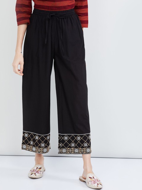 

max Women Black Hem Design Wide Leg Straight Fit Palazzos