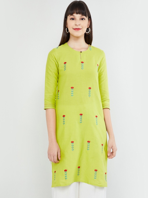 max Women Lime Green & Red Embroidered Straight Kurta