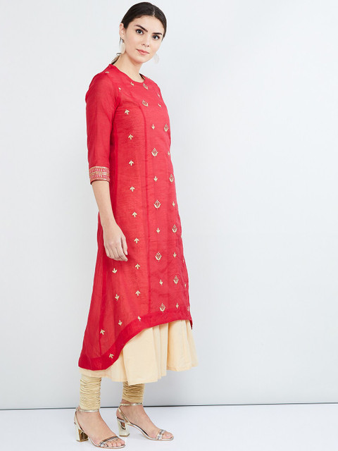

max Women Red Embroidered A-Line Kurta