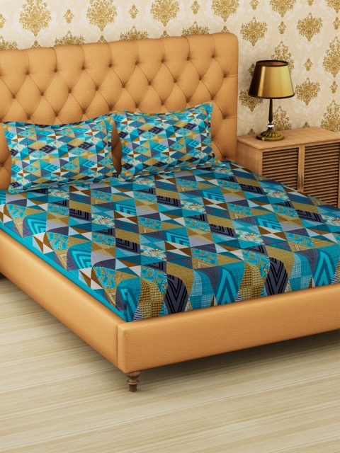 

METRO LIVING Turquoise Blue Geometric 120 TC Cotton 1 Queen Bedsheet with 2 Pillow Covers