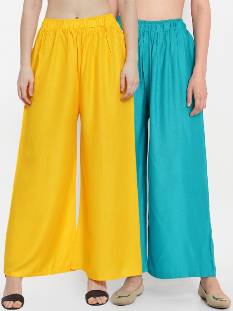 

TAG 7 Women Pack Of 2 Yellow & Blue Solid Flared Palazzos