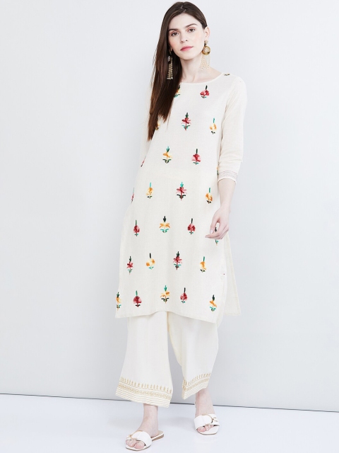 

max Women Off-White & Pink Embroidered Straight Kurta
