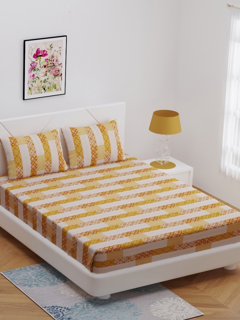 

BOMBAY DYEING Yellow & Off-White Ethnic Motifs 144 TC Cotton 1 Queen Bedsheet with 2 Pillow Covers