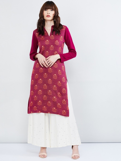 

max Women Burgundy Embroidered Straight Kurta