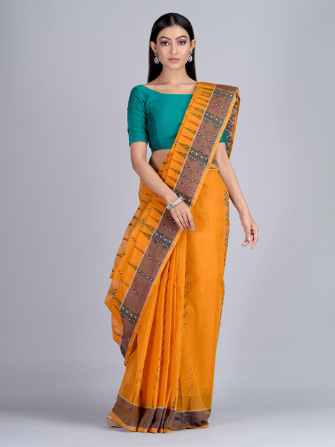 

Mitera Mustard Yellow & Green Pure Cotton Woven Design Taant Saree