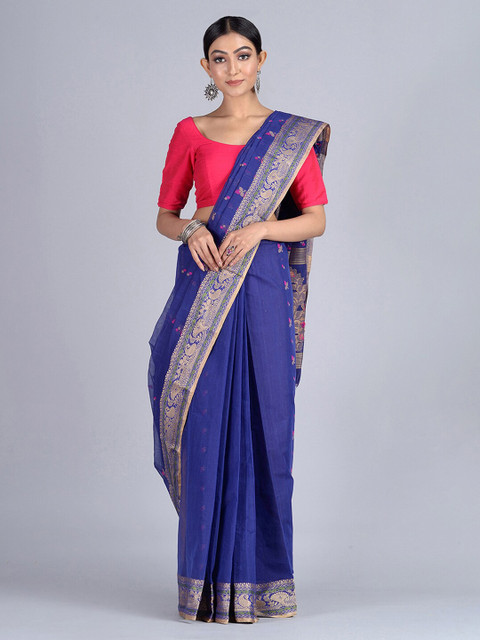

Mitera Navy Blue & Pink Pure Cotton Woven Design Handloom Taant Saree