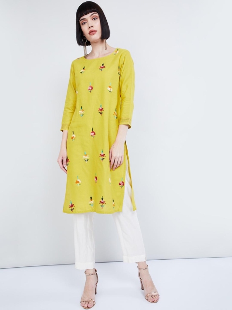 

max Women Lime Green Floral Embroidered Straight Kurta