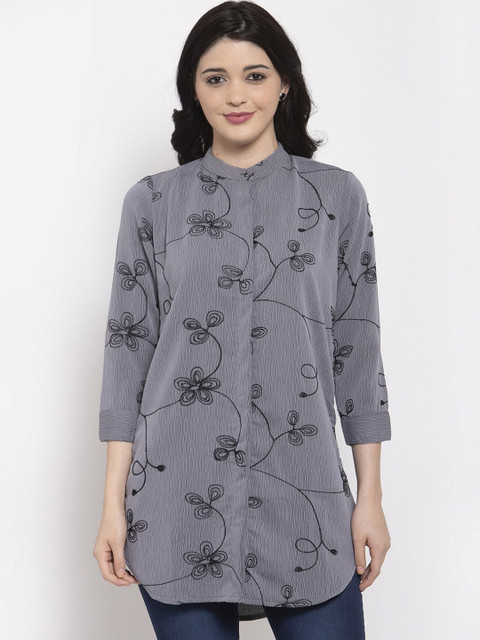 

Aujjessa Women Grey Embroidered Shirt Style Top