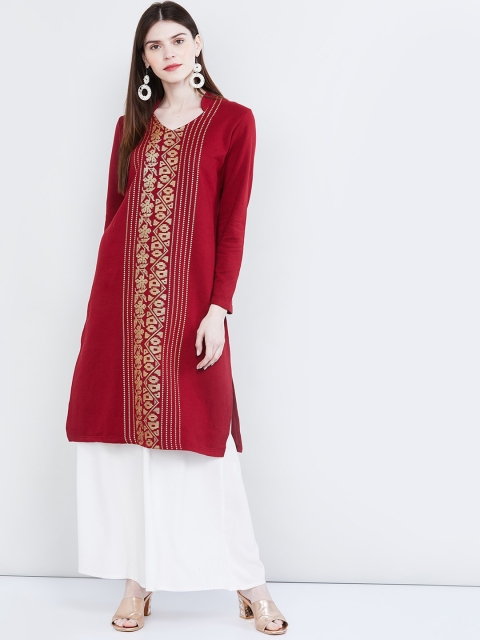 

max Women Maroon & Gold-Coloured Woven Design Straight Winter Kurta