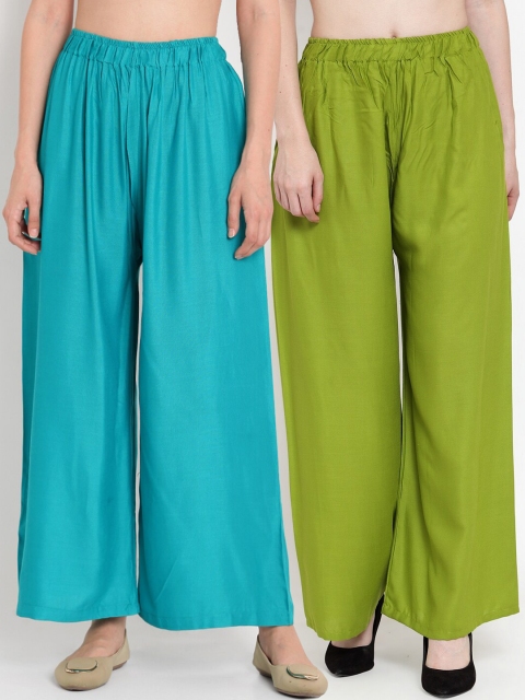 

TAG 7 Women Pack Of 2 Green & Blue Solid Flared Palazzos