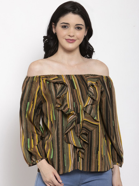 

Aujjessa Women Brown Printed Bardot Top