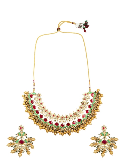 

INDYA Red & Sea Green Gold-Plated Pachi Kundan Stone-Studded Handcrafted Jewellery Set