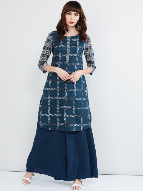 

max Women Blue Checked Straight Kurta